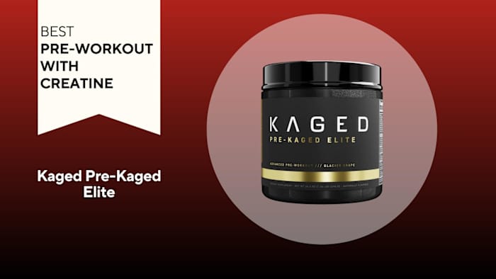 A red background with a white banner reading "Best Pre-Workout with Creatine" next to a black and gold container of Kaged Pre-Kaged Elite Pre-Workout